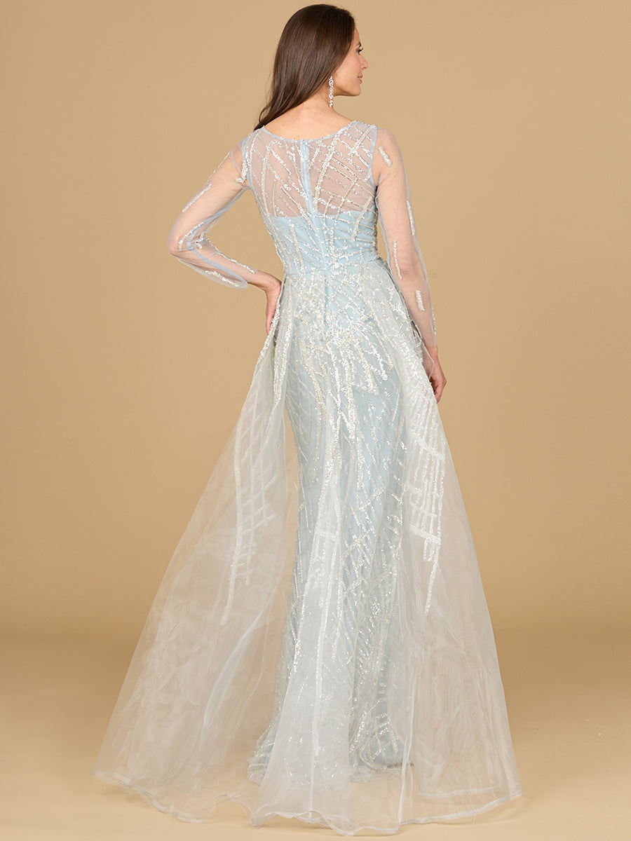 Style 29146 – Frost Geometric Beaded Gown | Embellished Long Sleeve V-Neck Overskirt Modest Dress