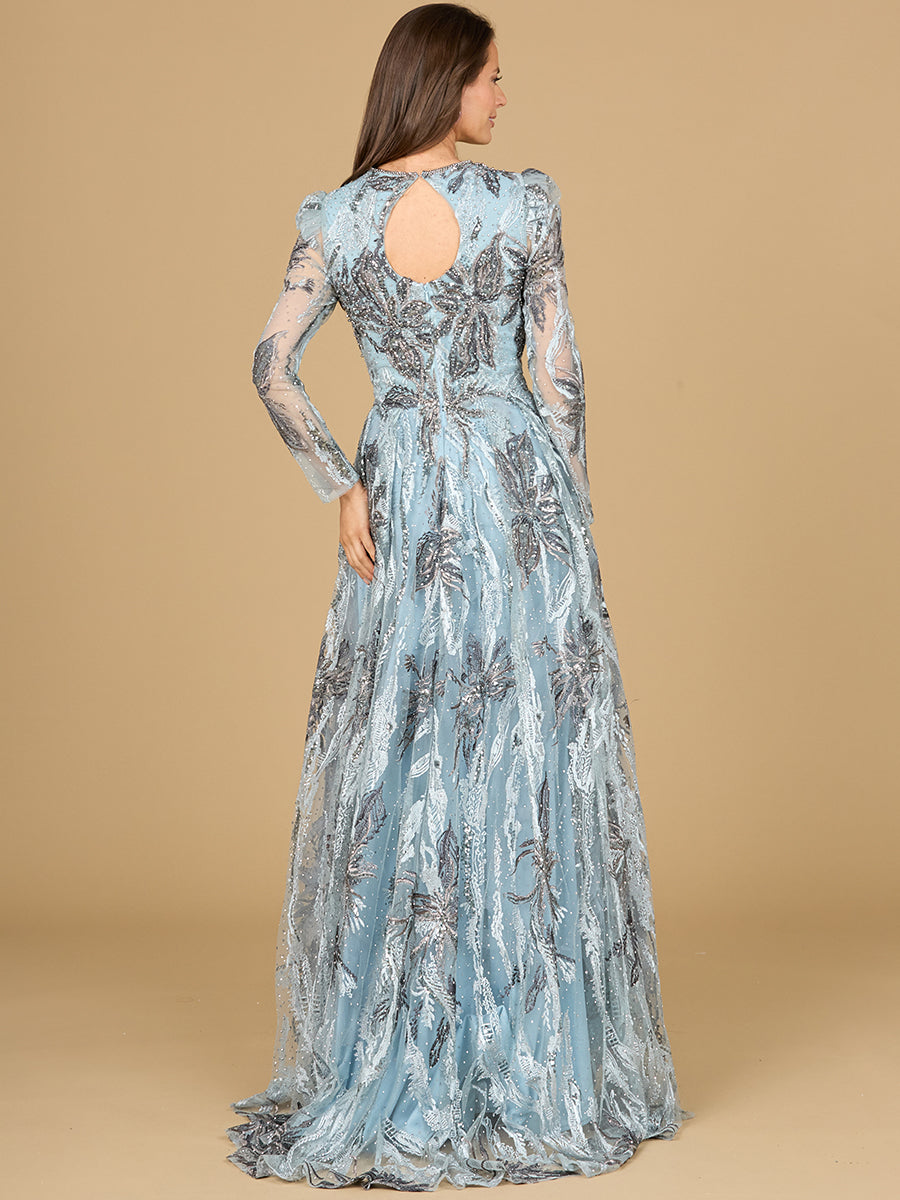Style 29147 – Slate Silver Beaded A-Line Gown | Long Sleeve V-Neck Mother of the Bride Dress