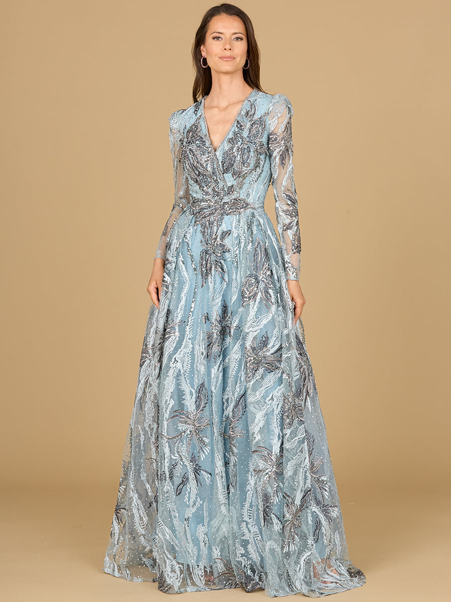 Style 29147 – Slate Silver Beaded A-Line Gown | Long Sleeve V-Neck Mother of the Bride Dress