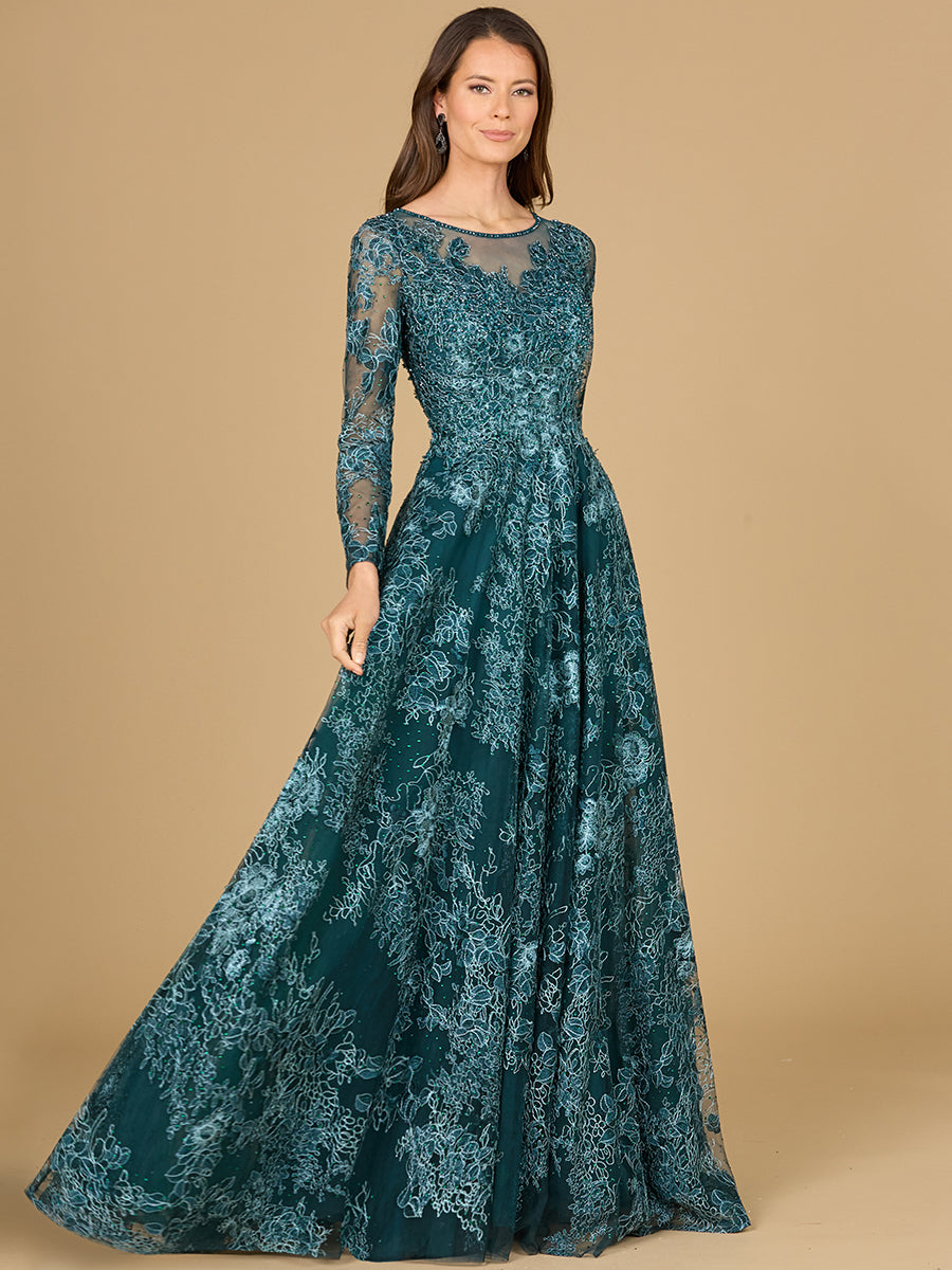 Style 29148 – Embroidered Lace Ball Gown | Illusion Neck Long Sleeve Modest Mother of the Bride