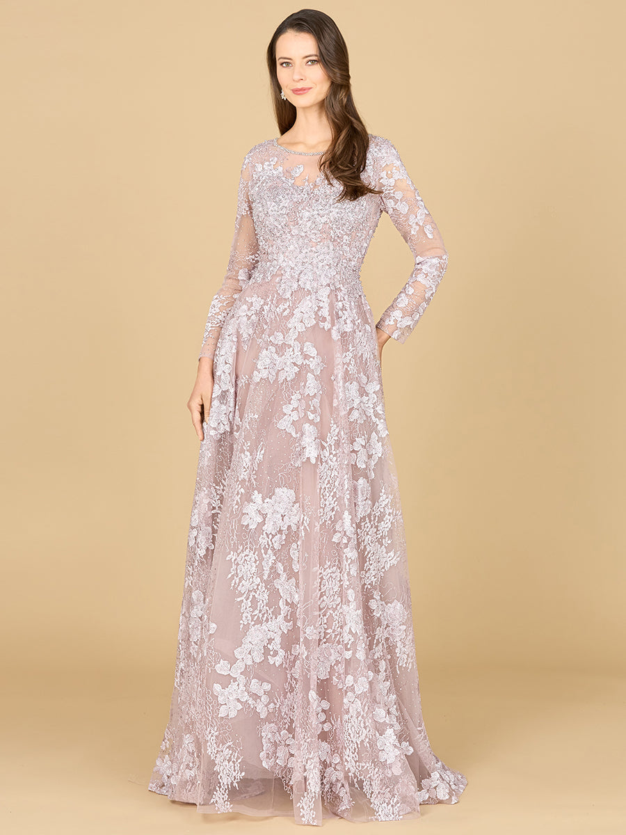 Style 29148 – Embroidered Lace Ball Gown | Illusion Neck Long Sleeve Modest Mother of the Bride