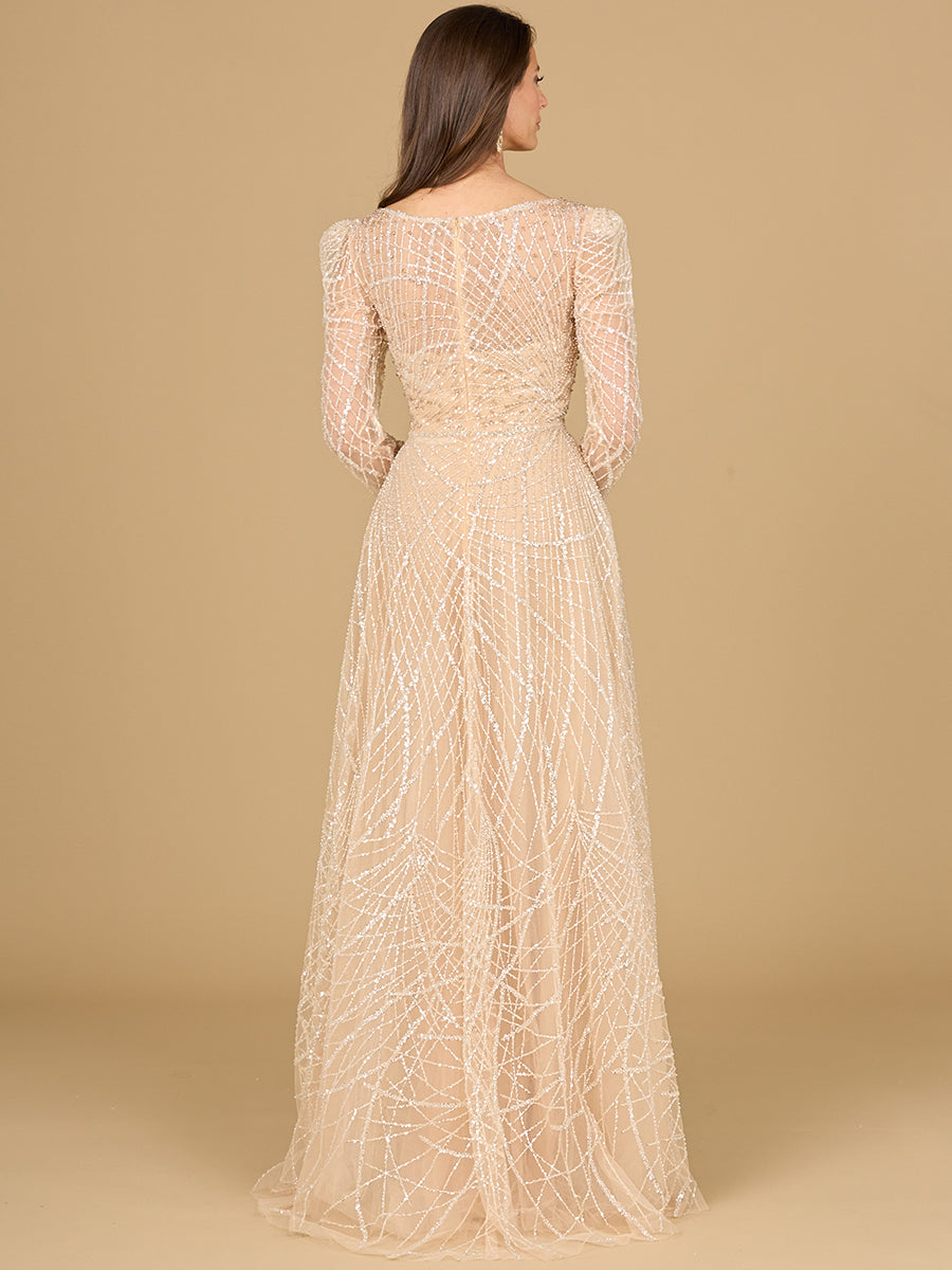 Style 29149 – Champagne Puff Shoulder Lace Ball Gown | Sparkling Stone Long Sleeve Modest MOB