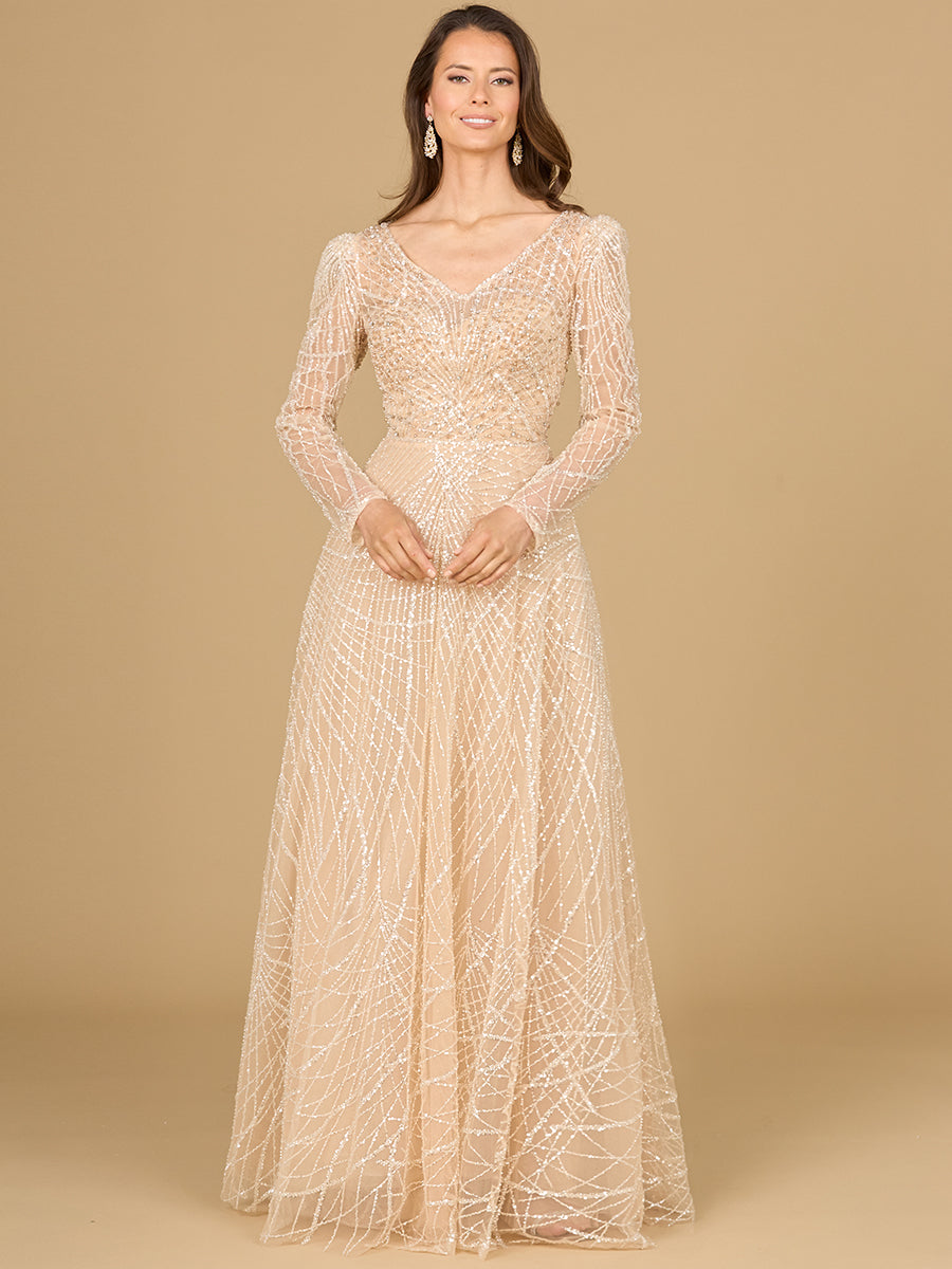 Style 29149 – Champagne Puff Shoulder Lace Ball Gown | Sparkling Stone Long Sleeve Modest MOB