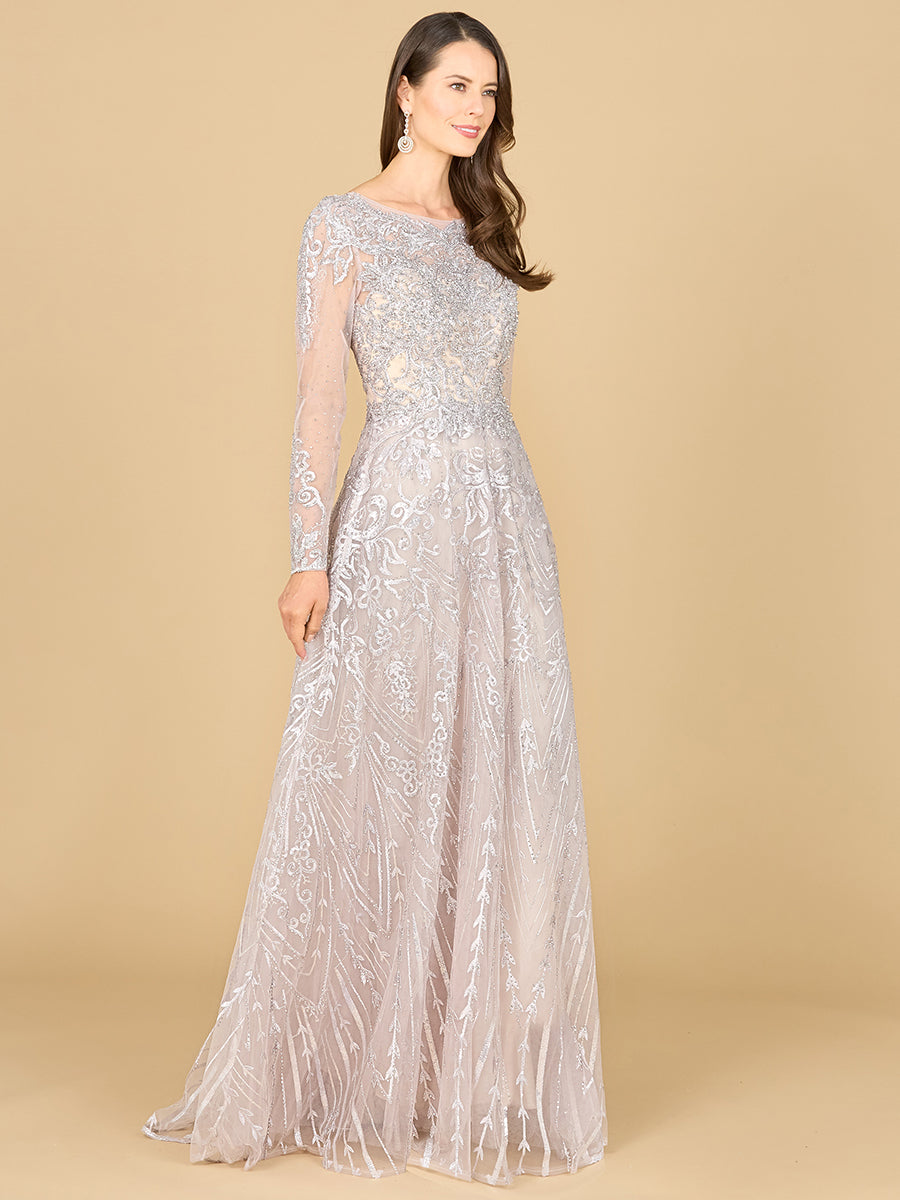 Style 29154 – Fog Embroidered Lace Ball Gown | Illusion Neck Long Sleeve Modest Mother of the Bride