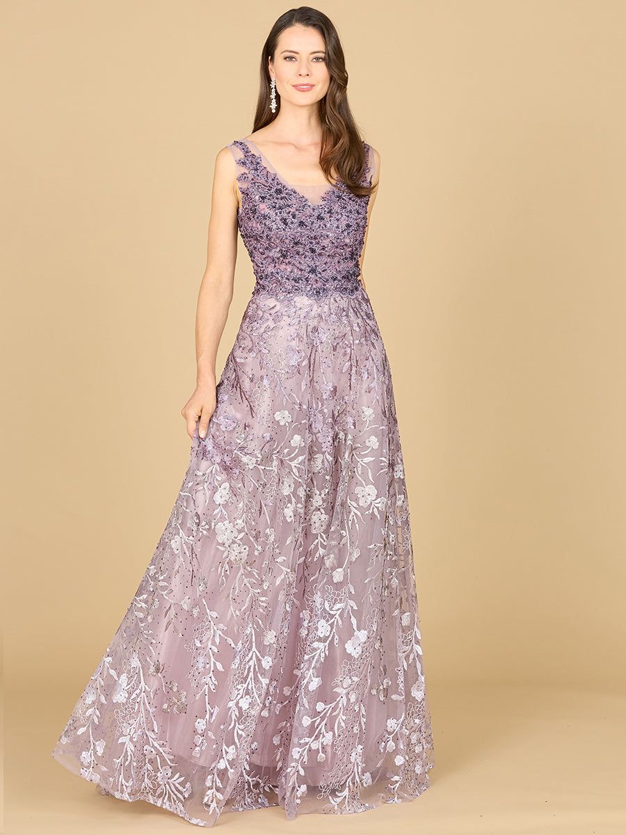 Style 29155 – Floral Lace Ball Gown | V-Neck Ombré Embroidery Mother of the Bride Dress