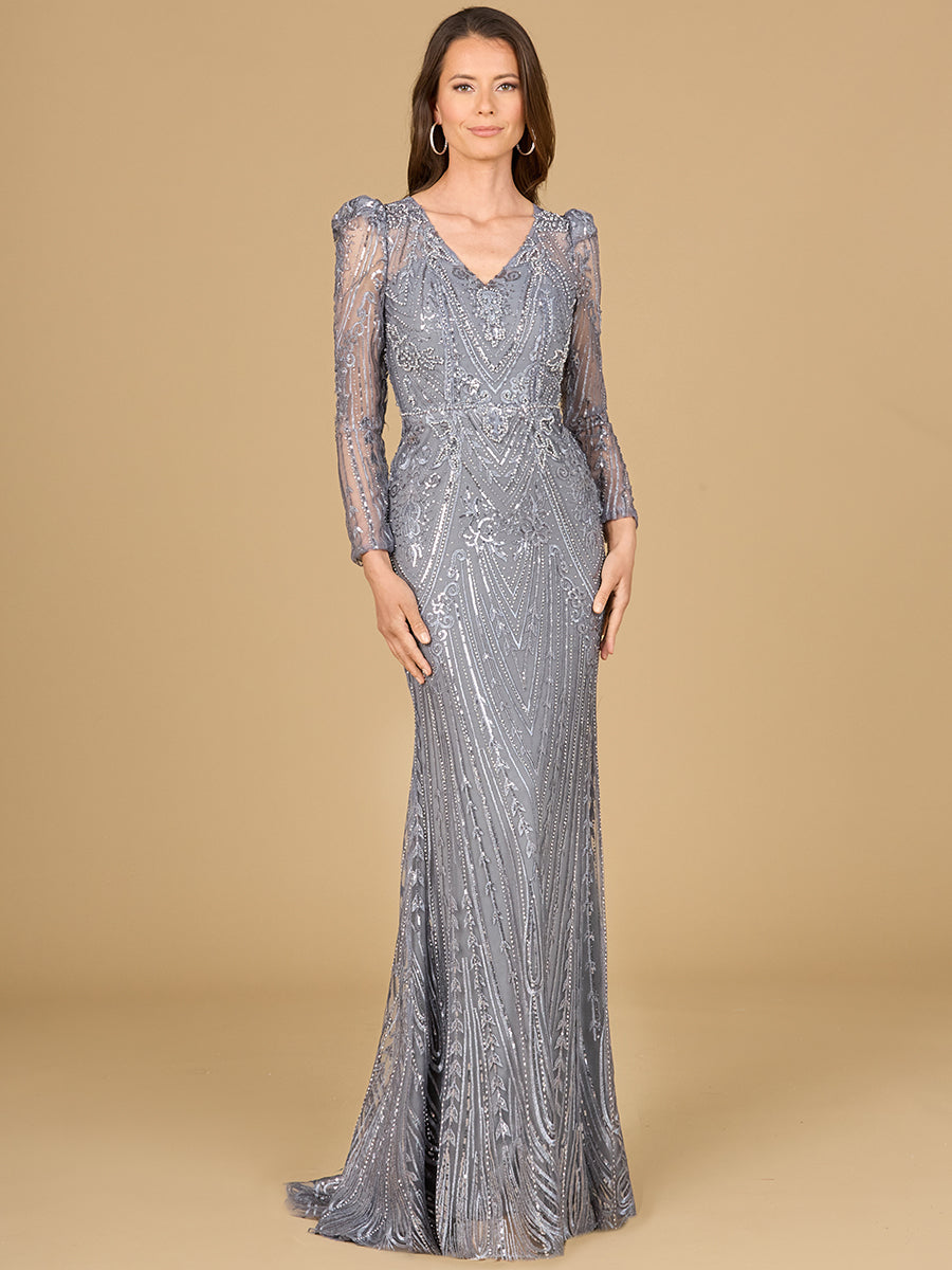 Style 29156 – Grey Juliet Sleeve Lace Ball Gown | Sparkling Stone V-Neck Mother of the Bride