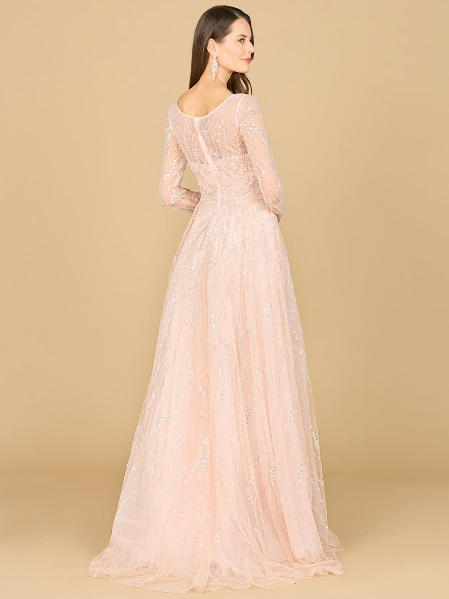 Style 29157 – Powder Pink Beaded Lace A-Line Gown | Long Sleeve V-Neck Formal Evening Dress