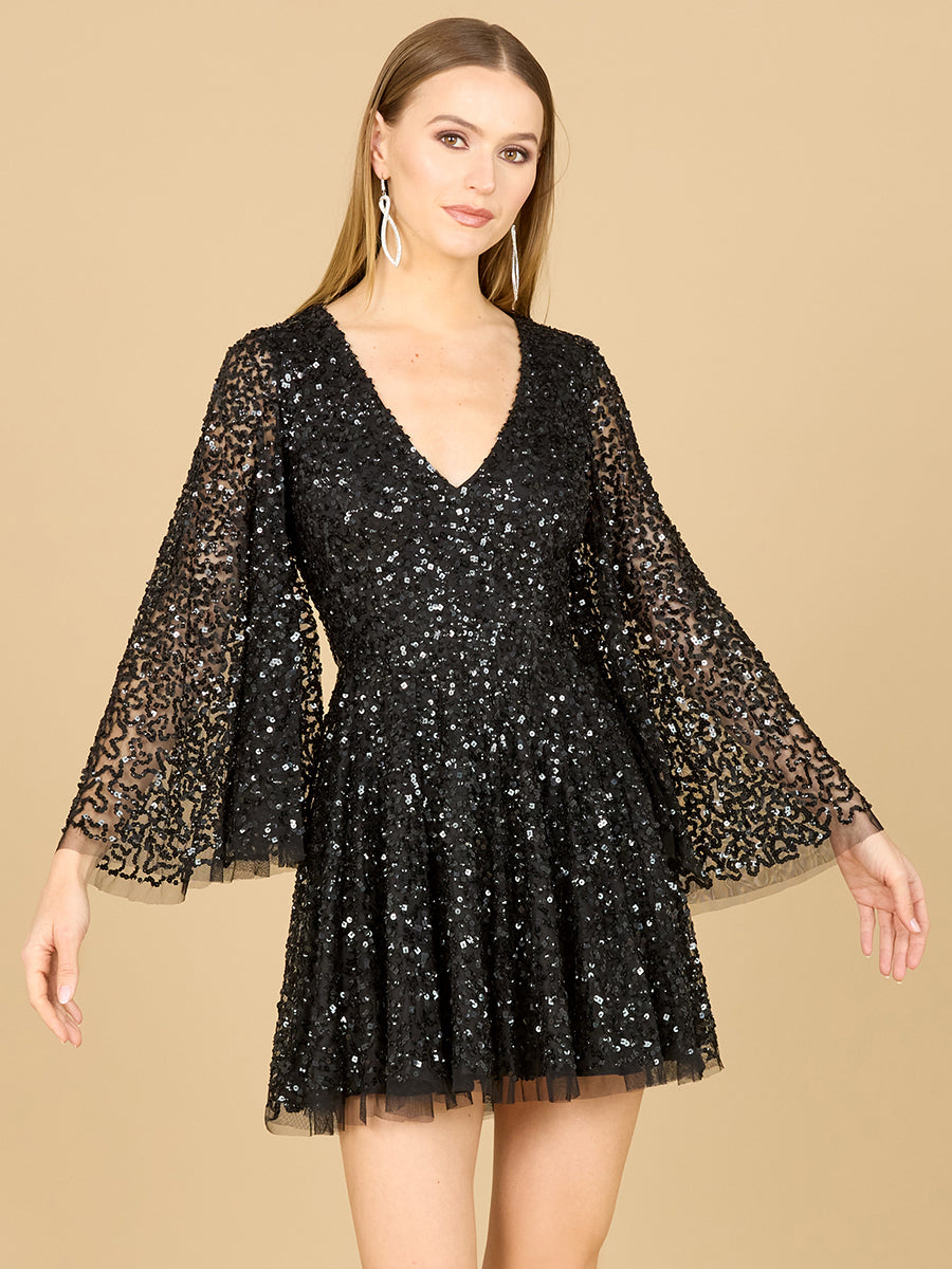 Style 29178 – Black Sequin Bell Sleeve Mini Dress | V-Neck Boho Glam Party Dress