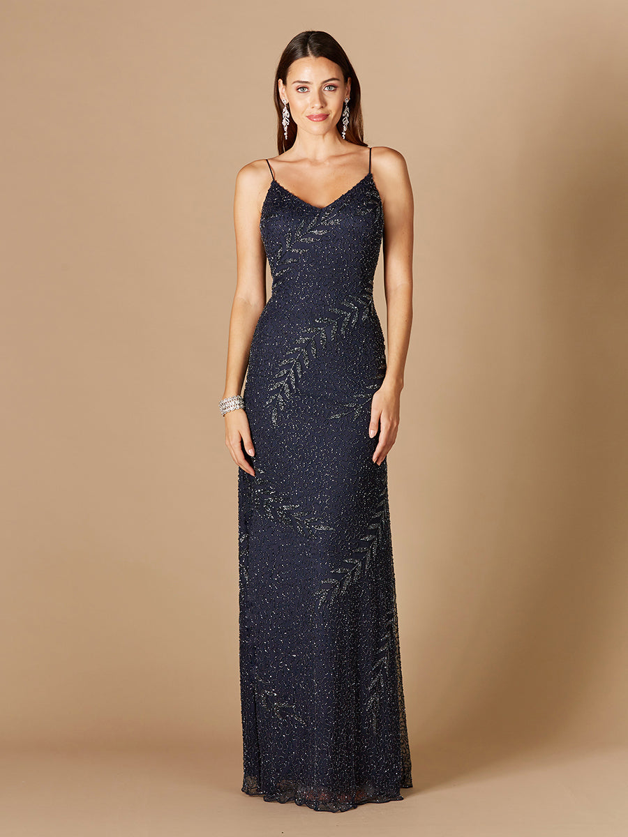 Style 29282 – Beaded Embroidered Spaghetti Strap A-Line Gown | Cowl Back Evening Dress