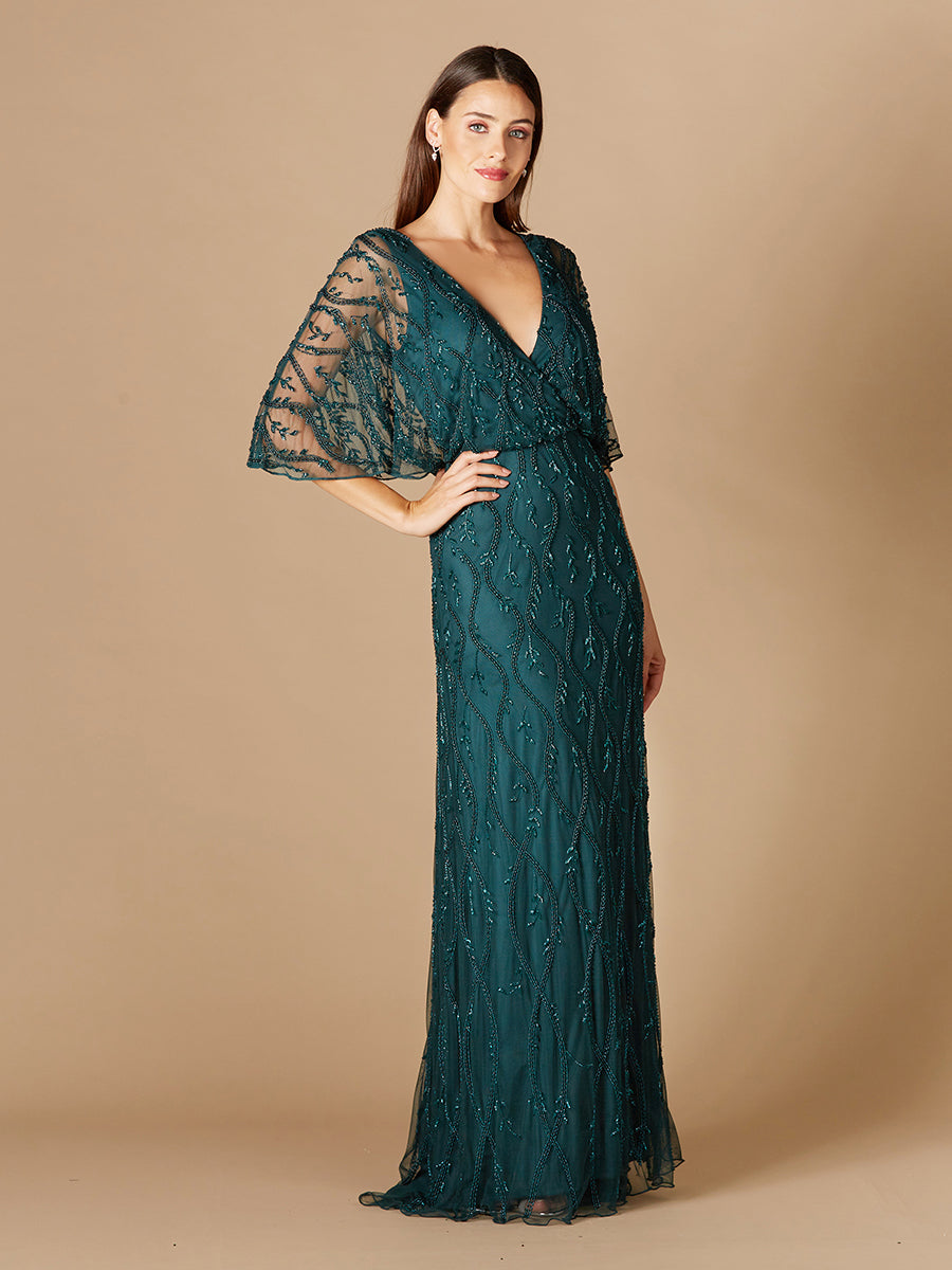 Style 29319 – Beaded Cape Sleeve Gown | V-Neck Mother of the Bride Modest Evening Dress