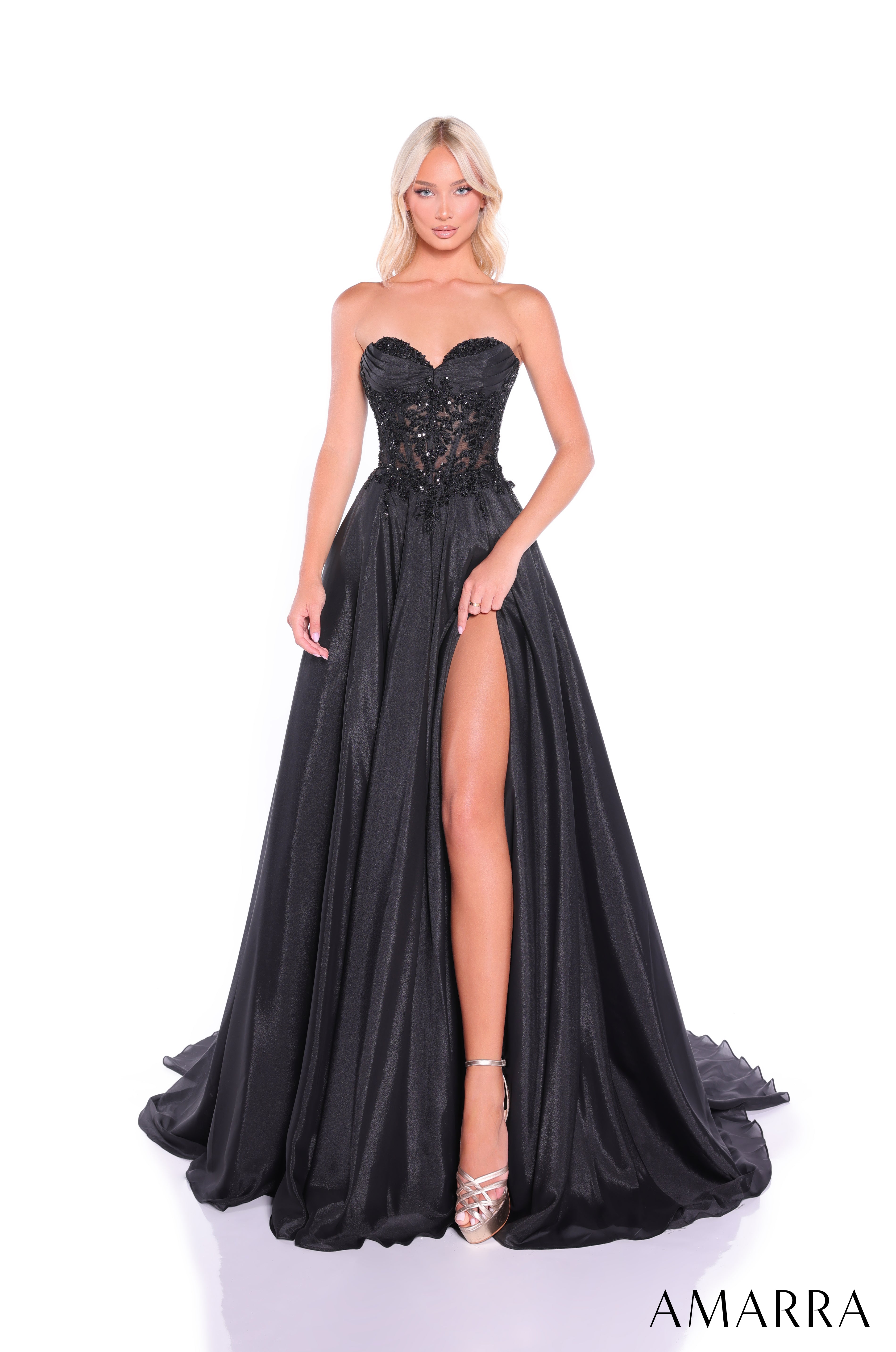 Style 89315 – Sleek Satin Scoop Neck Fitted Evening Gown with Open Back & Side Slit