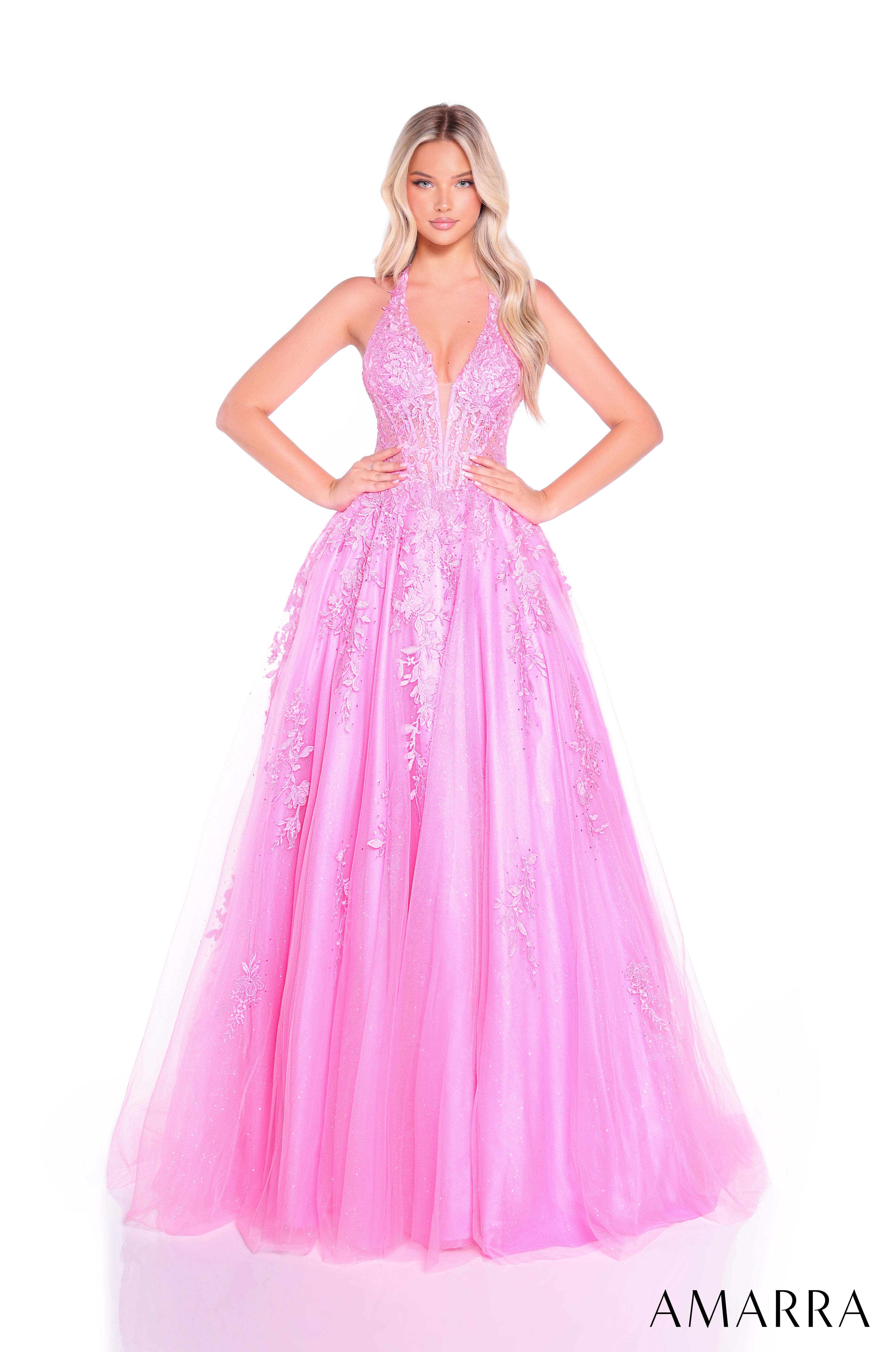 Style 89317 – Halter Lace Appliqué Ball Gown with Plunging V-Neck & Full Tulle Skirt