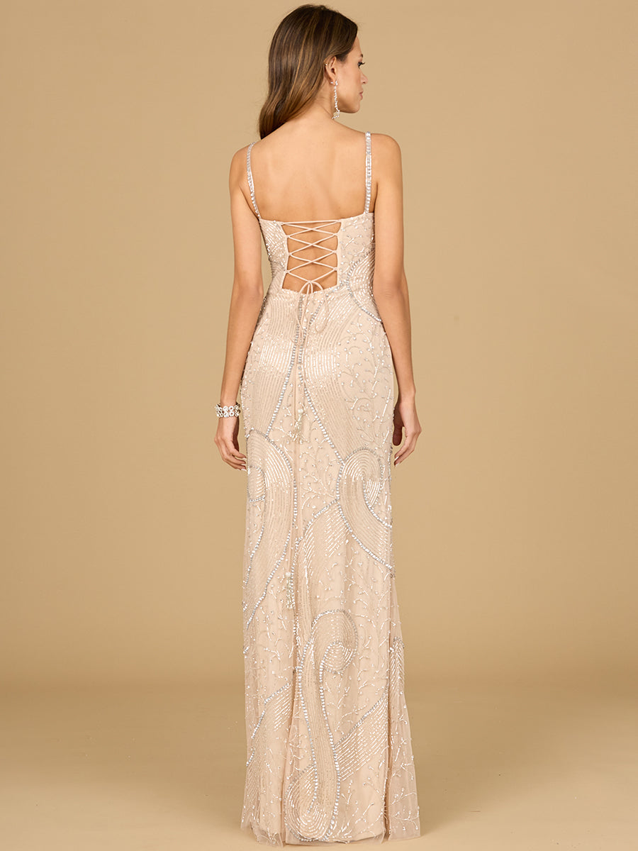 Style 9934 Beaded Scoop-Neck Column Evening Gown - Nude