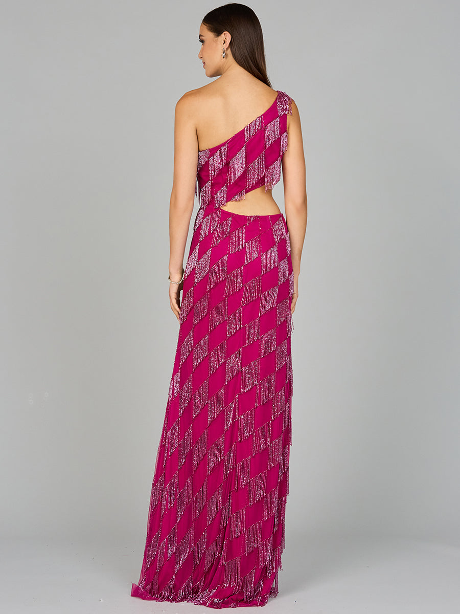 Style 9940 One-Shoulder Beaded Fringe Column Gown - Raspberry