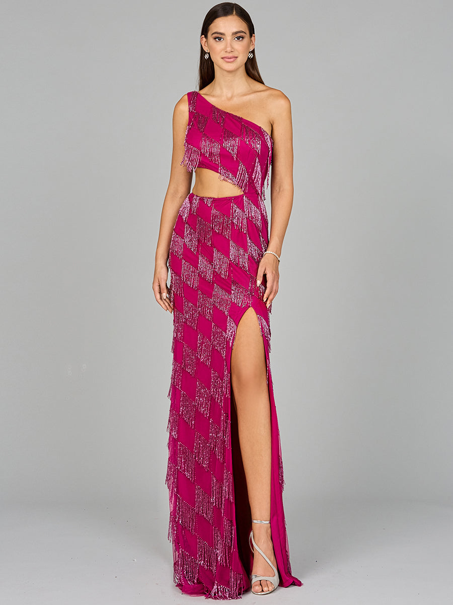 Style 9940 One-Shoulder Beaded Fringe Column Gown - Raspberry