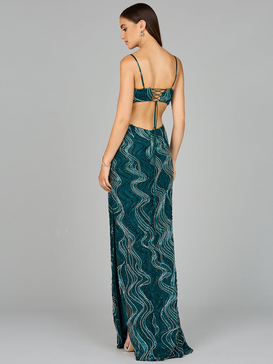 Style 9941 Beaded Cutout Column Evening Gown - Teal