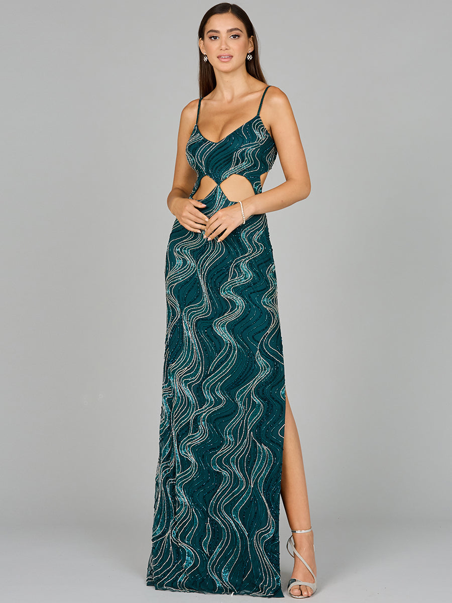 Style 9941 Beaded Cutout Column Evening Gown - Teal