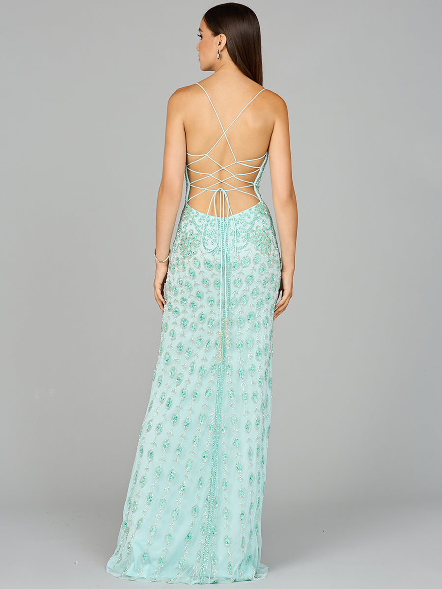 Style 9942 Beaded V-Neck Column Evening Gown - Mint