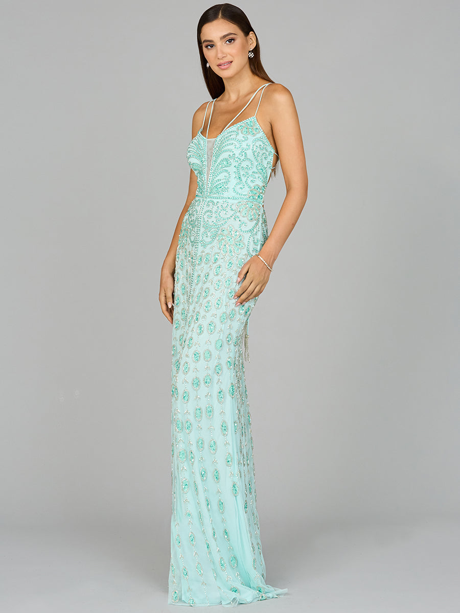 Style 9942 Beaded V-Neck Column Evening Gown - Mint