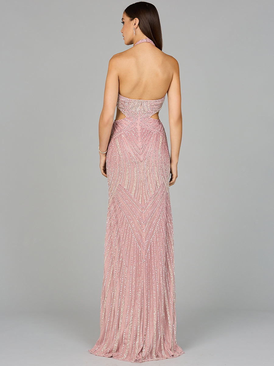 Style 9943 Halter Beaded Cutout Column Gown - Cashmere & Periwinkle