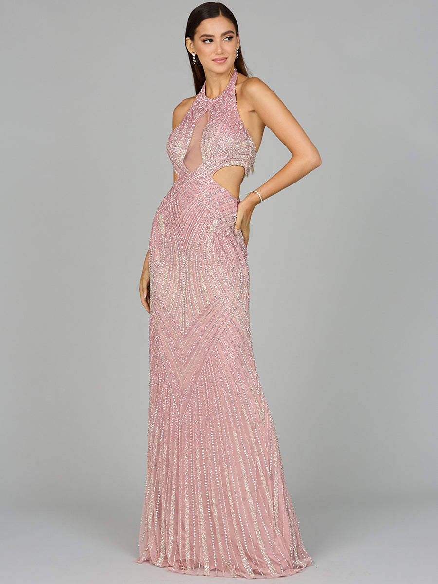 Style 9943 Halter Beaded Cutout Column Gown - Cashmere & Periwinkle