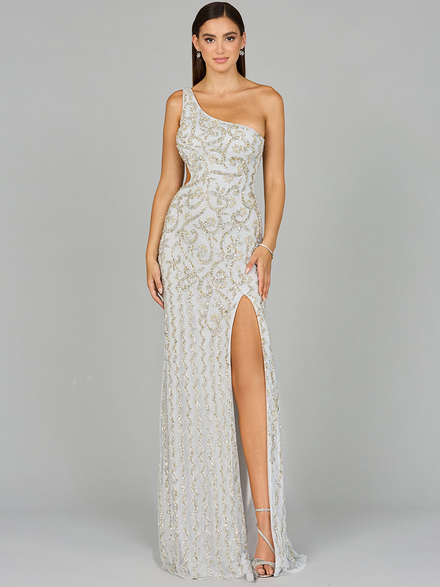 Style 9947 – Silver One-Shoulder A-Line Long Gown | Glamorous Prom & Formal Evening Dress by Lara
