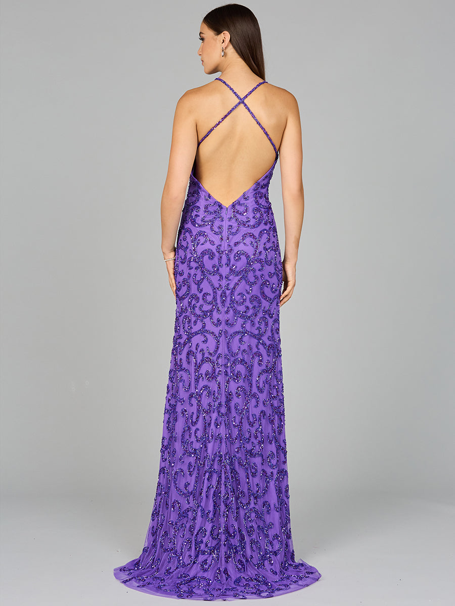 Style 9950 Beaded V-Neck Column Evening Gown - Purple