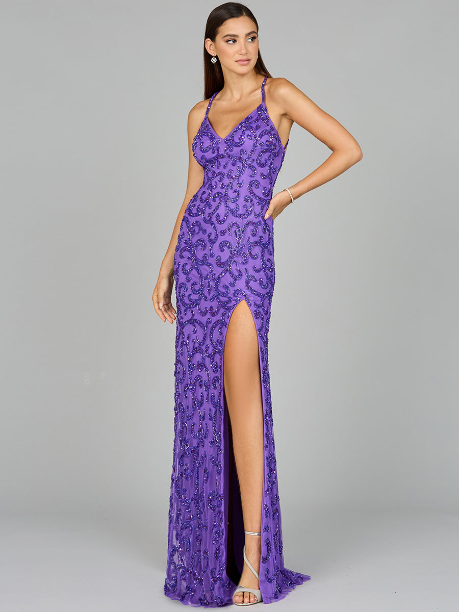 Style 9950 Beaded V-Neck Column Evening Gown - Purple