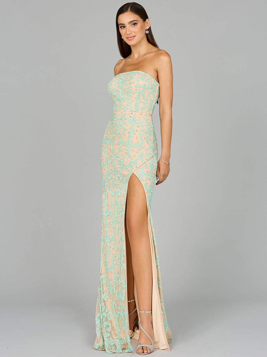 Style 9952 – Sleeveless A-Line Long Gown | Elegant Prom & Bridesmaid Dress in Teal & Nude Mint