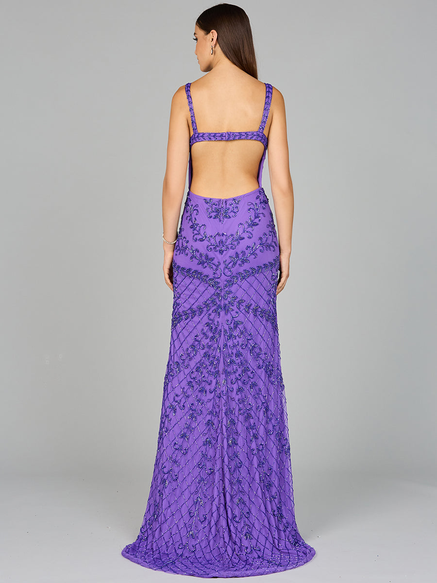 Style 9958 – Sleeveless A-Line Long Prom Gown | Elegant Evening Dress in Purple & Mint Silver
