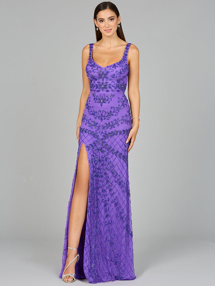 Style 9958 – Sleeveless A-Line Long Prom Gown | Elegant Evening Dress in Purple & Mint Silver