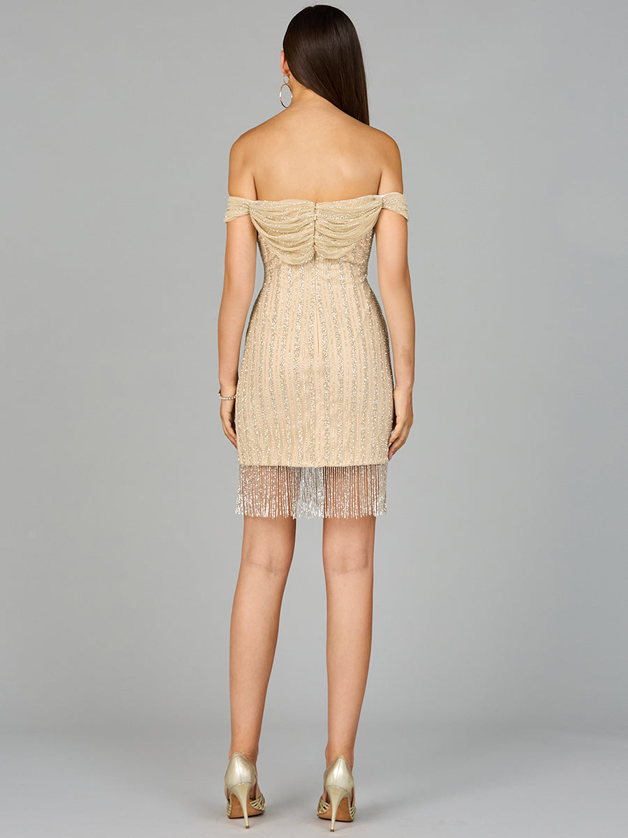 Style 9970 – Nude Silver Off-Shoulder Sleeveless Mini Dress | Chic Party & Homecoming Dress