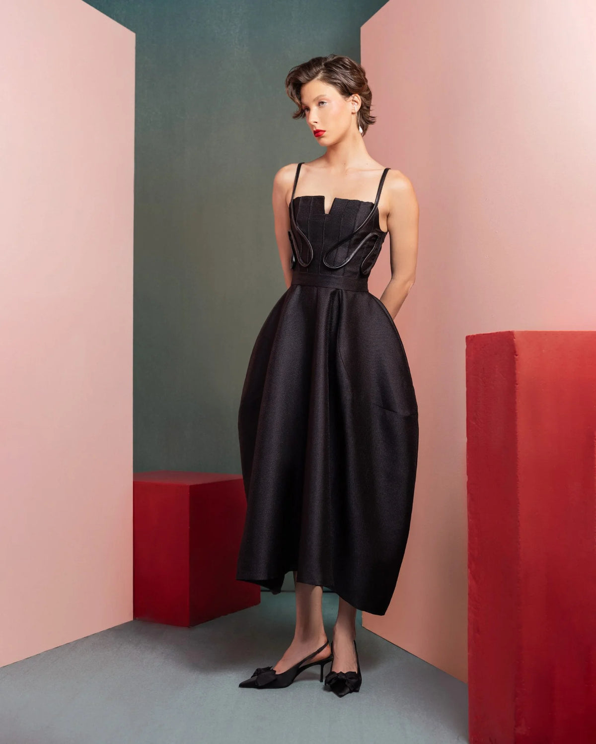 Style GOF2501 Sculpted Midi Dress with Corset Detailing