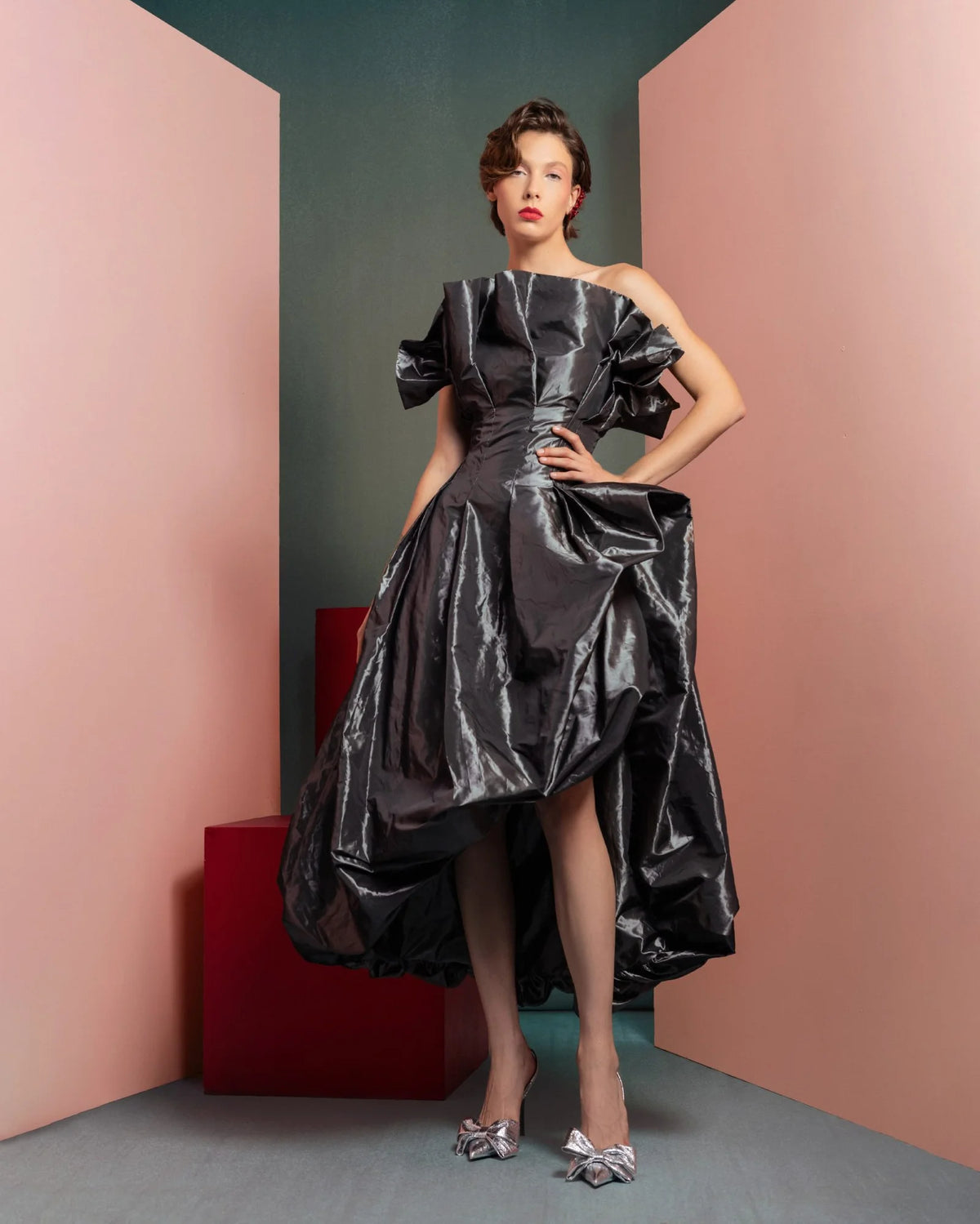 Style GOF2503 Anthracite Strapless Dress with metallic Ruffles Presence