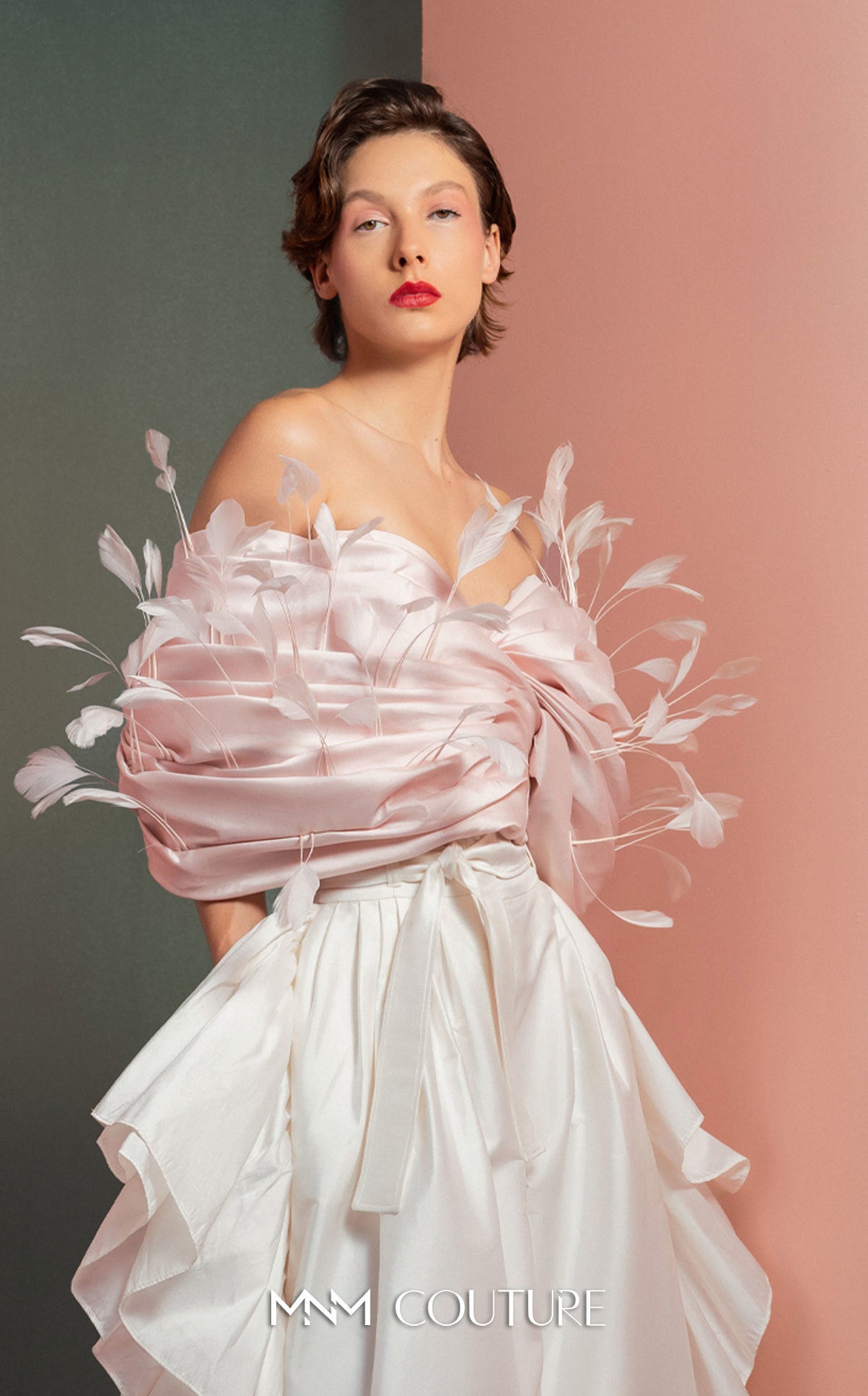 Style GOF2504 Whimsical Pink Feathered Taffeta Top Flowing Taffeta Pants with Side Ruffles