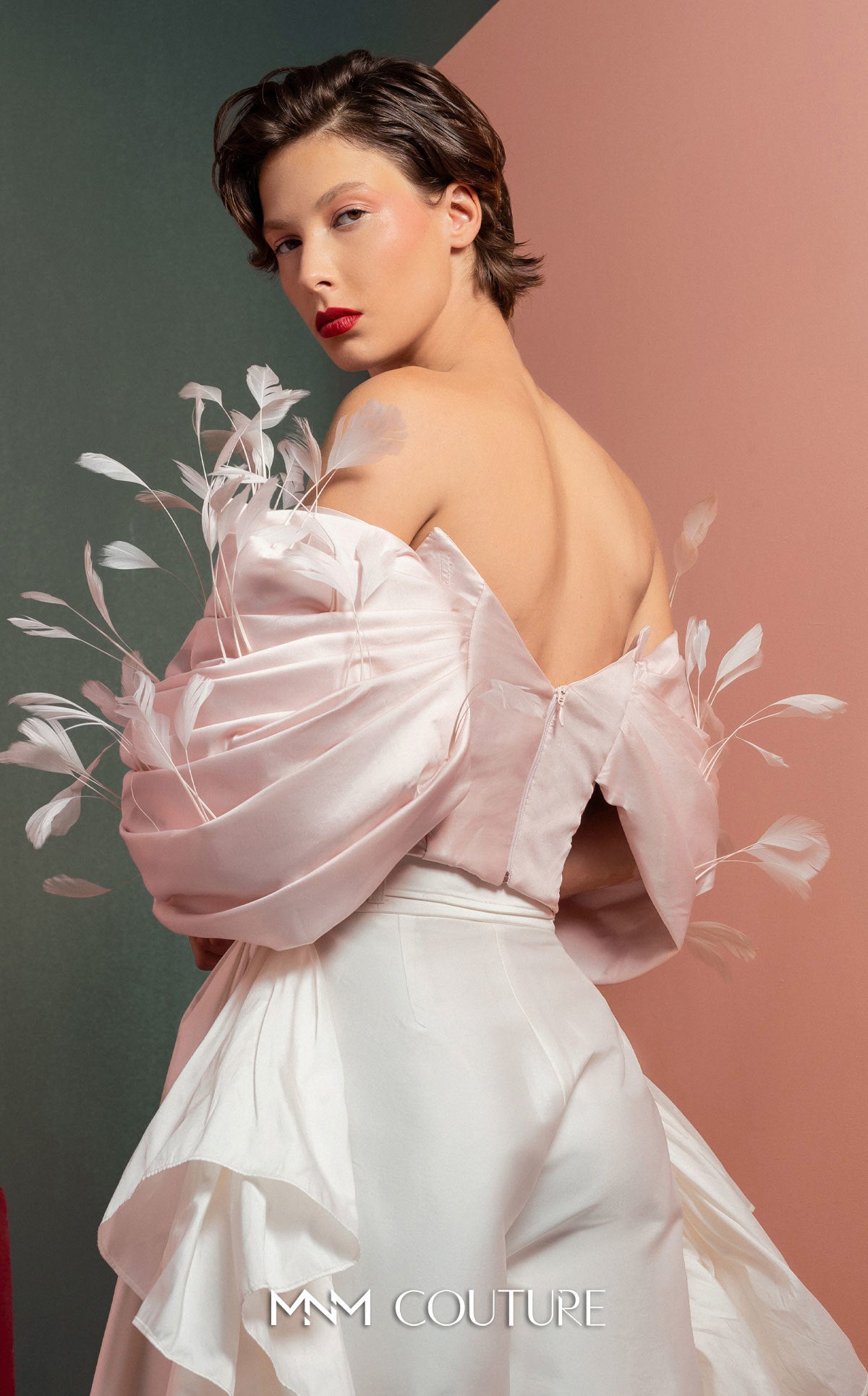 Style GOF2504 Whimsical Pink Feathered Taffeta Top Flowing Taffeta Pants with Side Ruffles