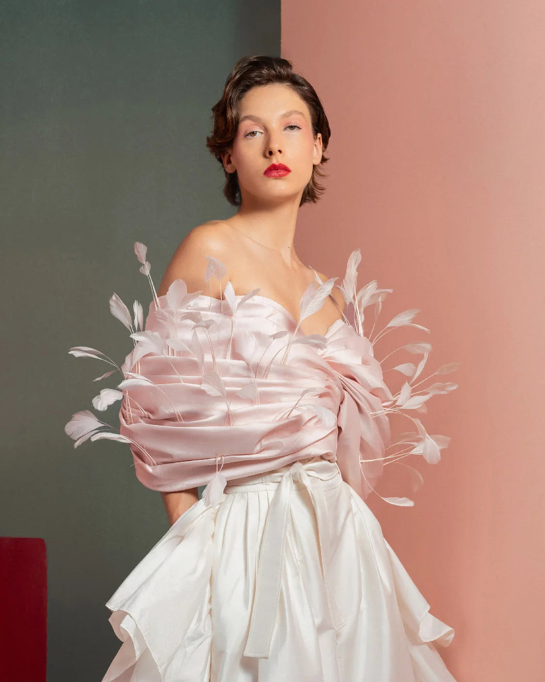 Style GOF2504 Whimsical Pink Feathered Taffeta Top Flowing Taffeta Pants with Side Ruffles