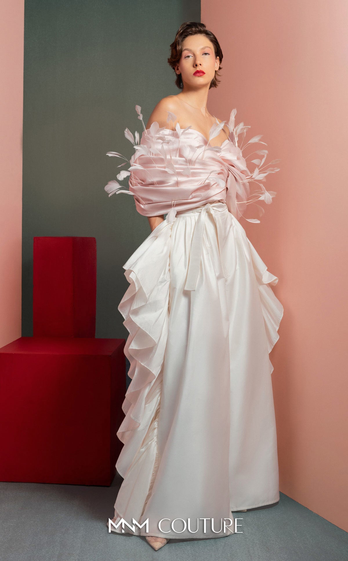 Style GOF2504 Whimsical Pink Feathered Taffeta Top Flowing Taffeta Pants with Side Ruffles