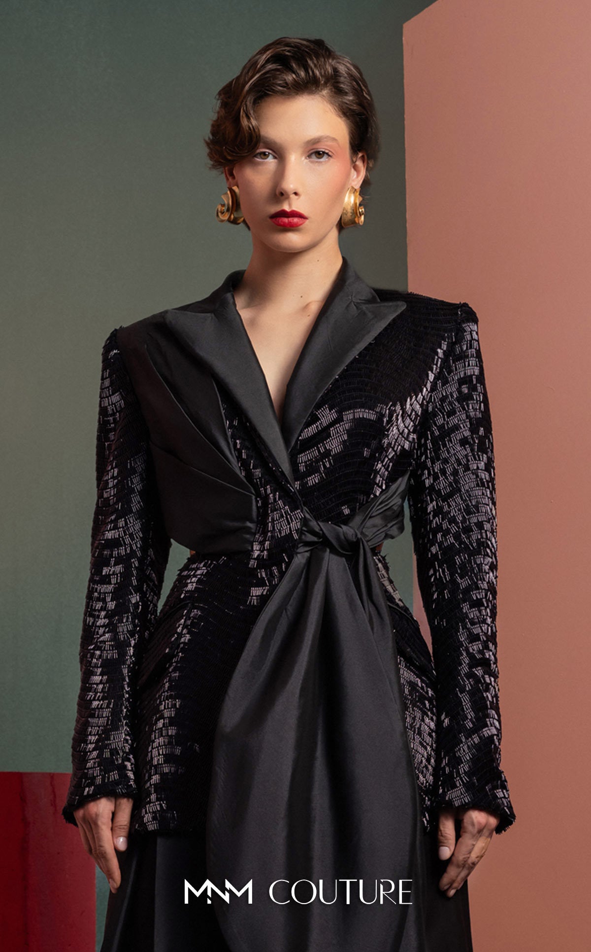 Style GOF2505 Elegant Sequin Blazer with Draped Taffeta Detail and knot Wide-Leg Taffeta Pants