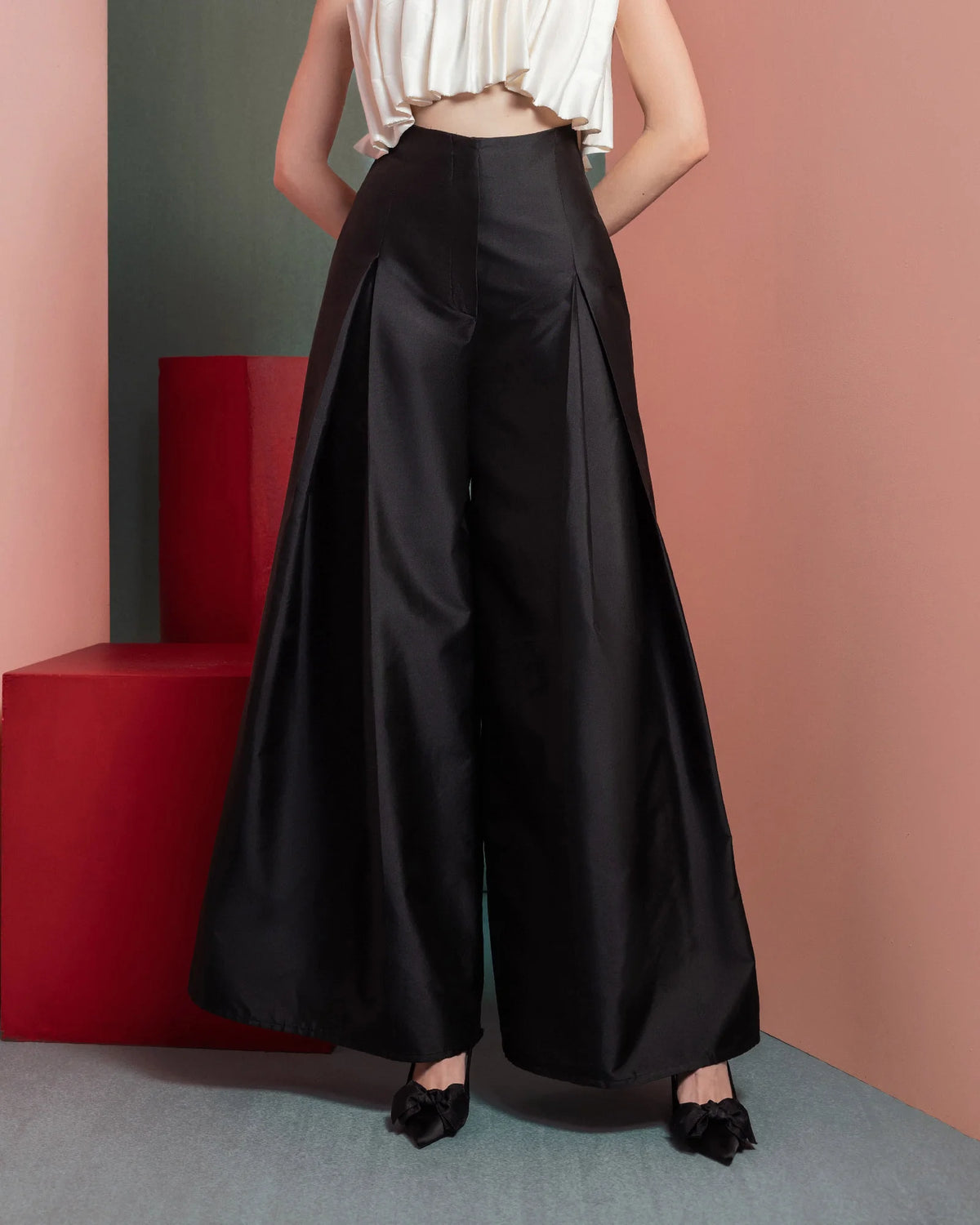 Style GOF2505 Elegant Sequin Blazer with Draped Taffeta Detail and knot Wide-Leg Taffeta Pants