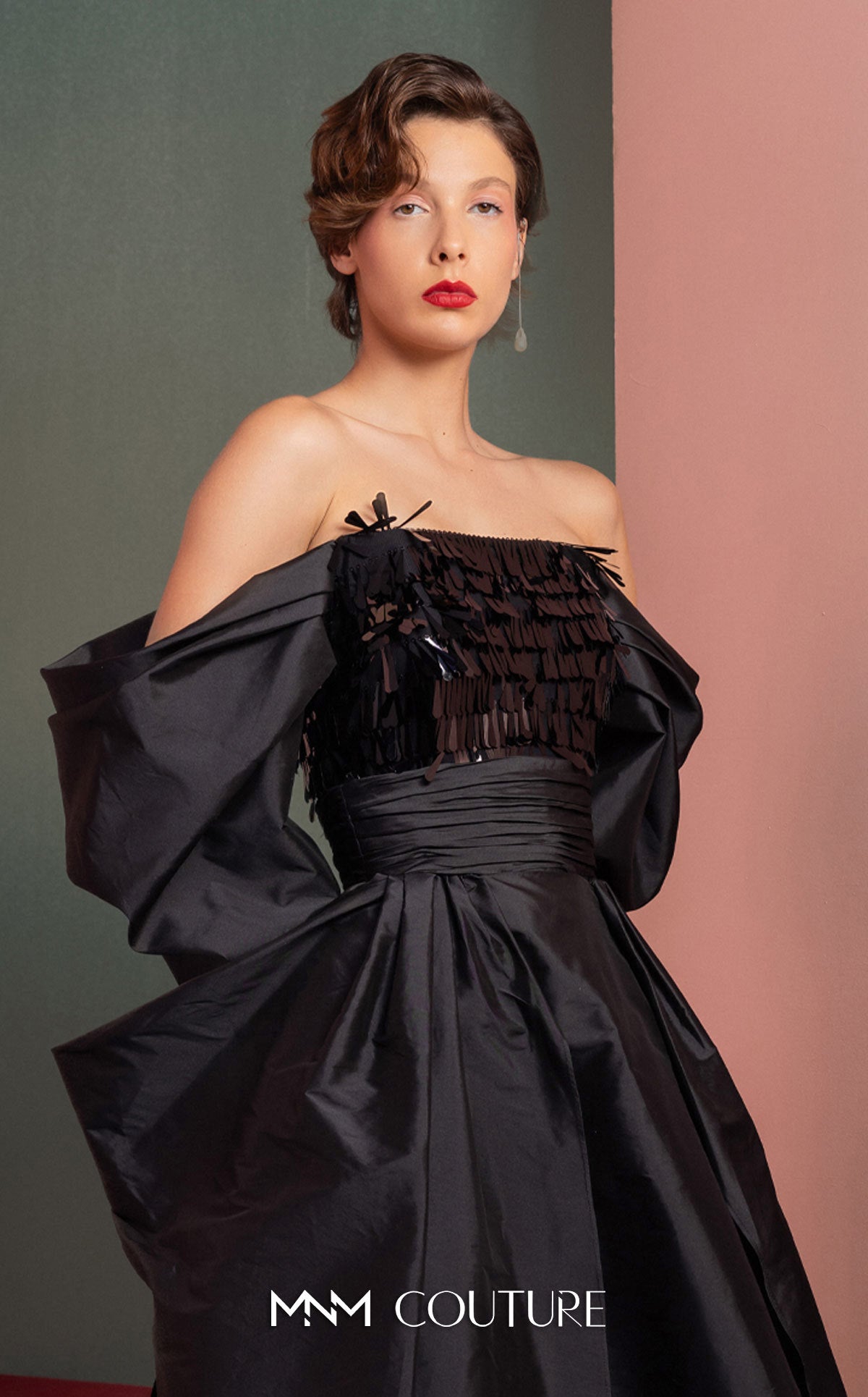 Style GOF2506 Bold sleek Sequin Top with Exaggerated Glamour Sleeves Luxurious High-Low Taffeta Skirt