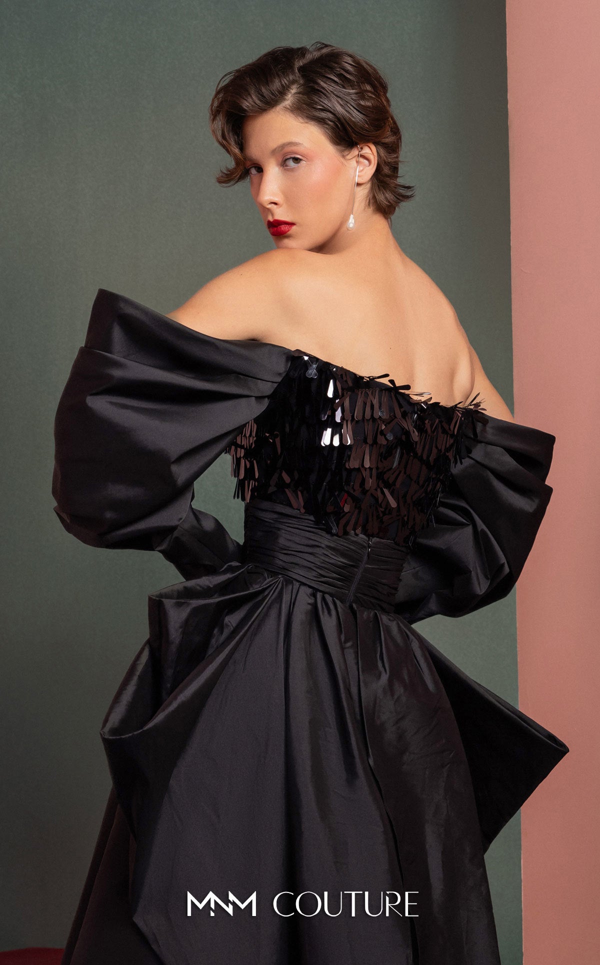 Style GOF2506 Bold sleek Sequin Top with Exaggerated Glamour Sleeves Luxurious High-Low Taffeta Skirt
