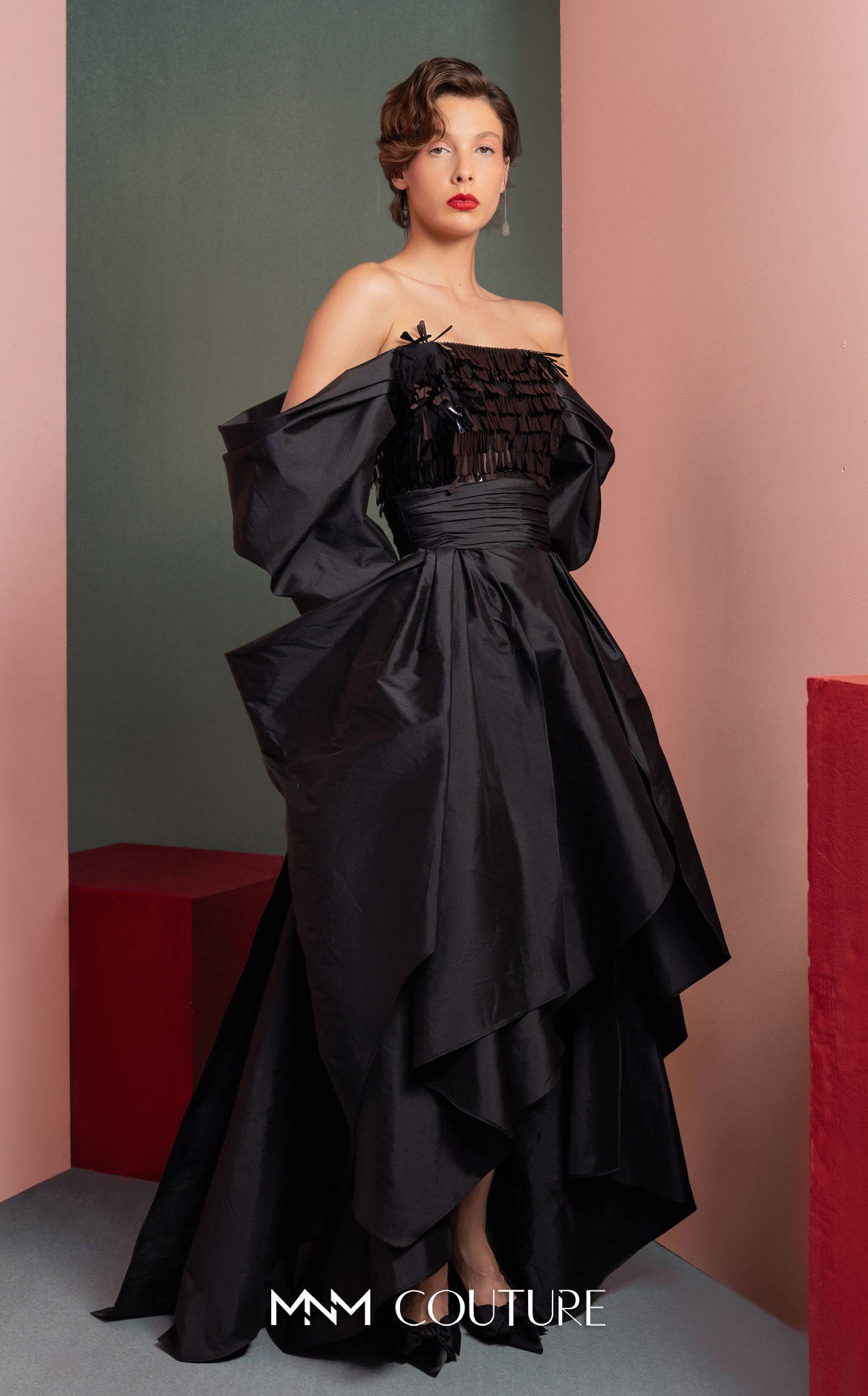 Style GOF2506 Bold sleek Sequin Top with Exaggerated Glamour Sleeves Luxurious High-Low Taffeta Skirt