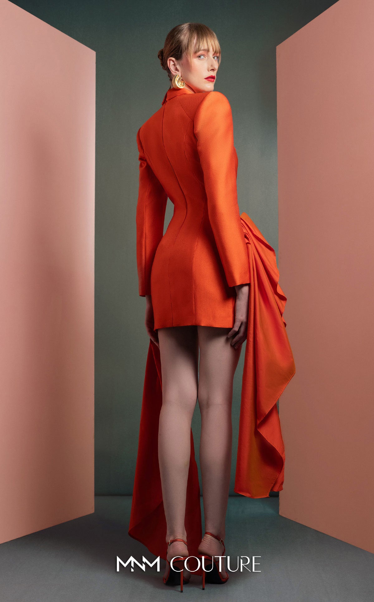 Style GOF2507 Draped Mikado and Taffeta Vibrant Orange Jacket Dress