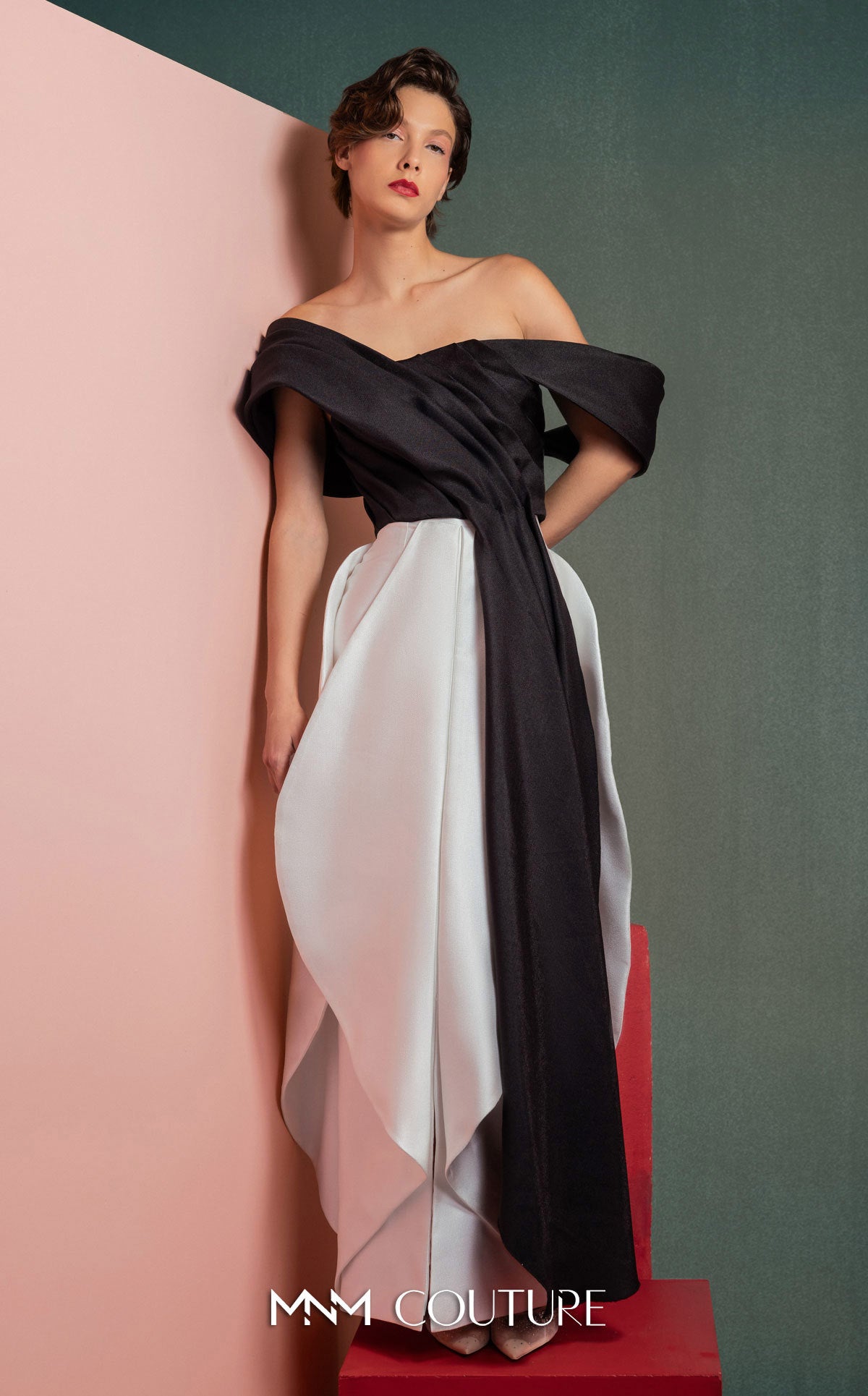Style GOF2508 Off-the-Shoulder Refined Draped Piqué Top Off-White Mikado Piqué Skirt with Layered Drapes