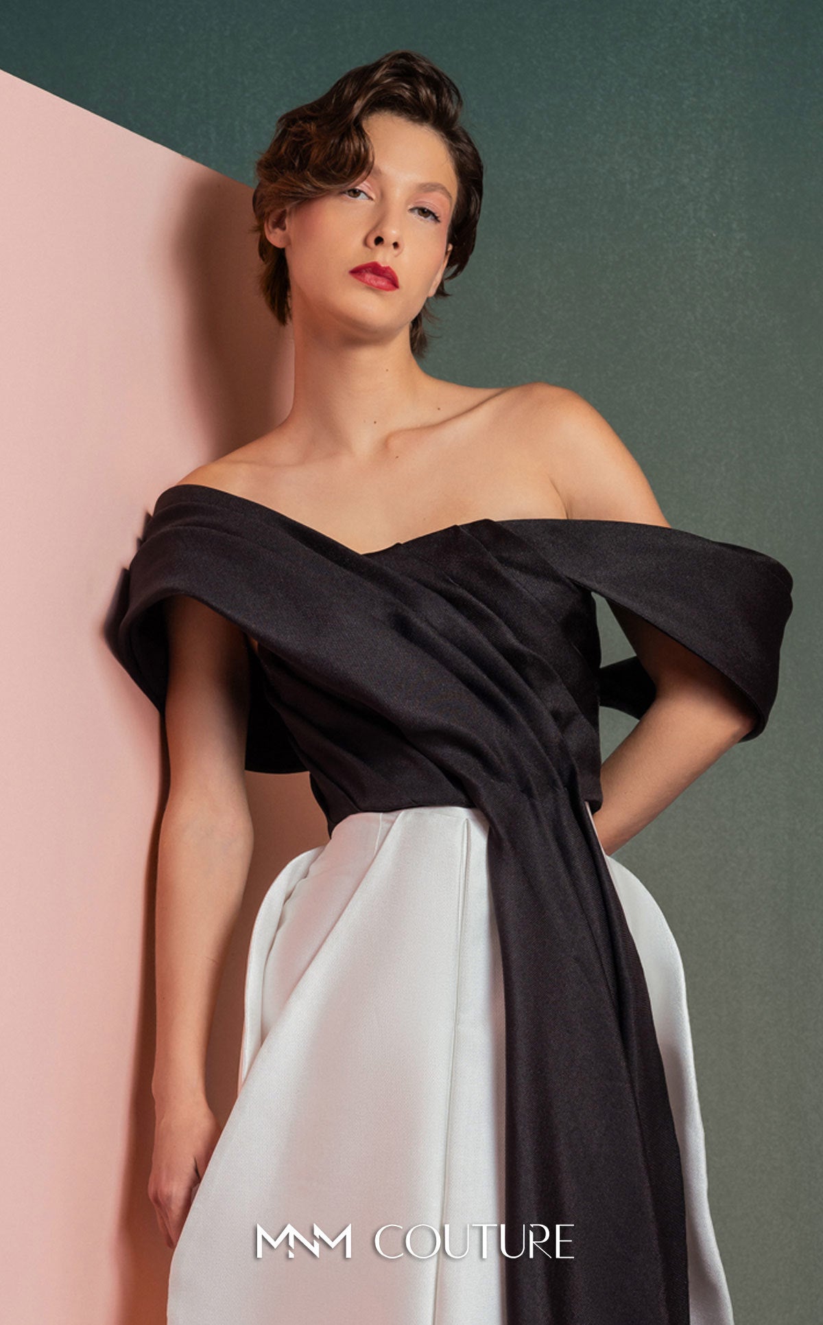 Style GOF2508 Off-the-Shoulder Refined Draped Piqué Top Off-White Mikado Piqué Skirt with Layered Drapes