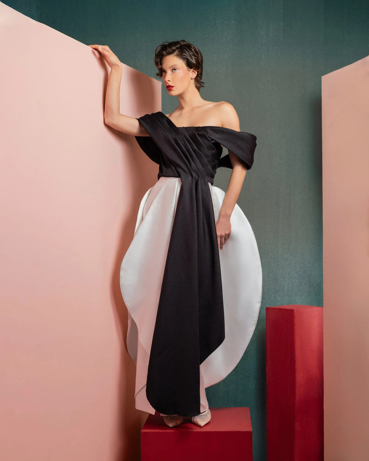 Style GOF2508 Off-the-Shoulder Refined Draped Piqué Top Off-White Mikado Piqué Skirt with Layered Drapes