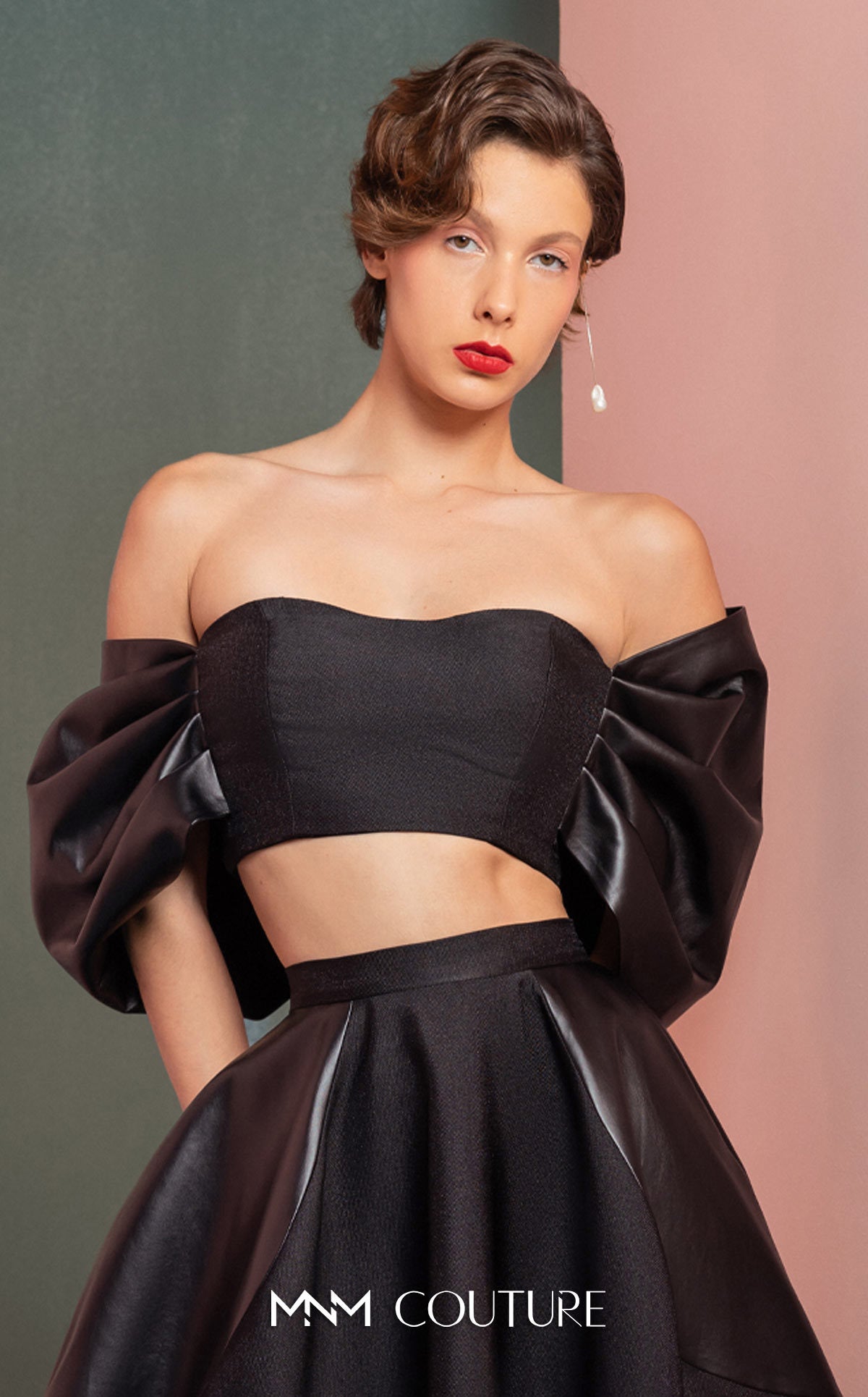 Style GOF2509 Leather Off-Shoulders Black Crop Top Mikado Piqué Skirt with Leather Inserts