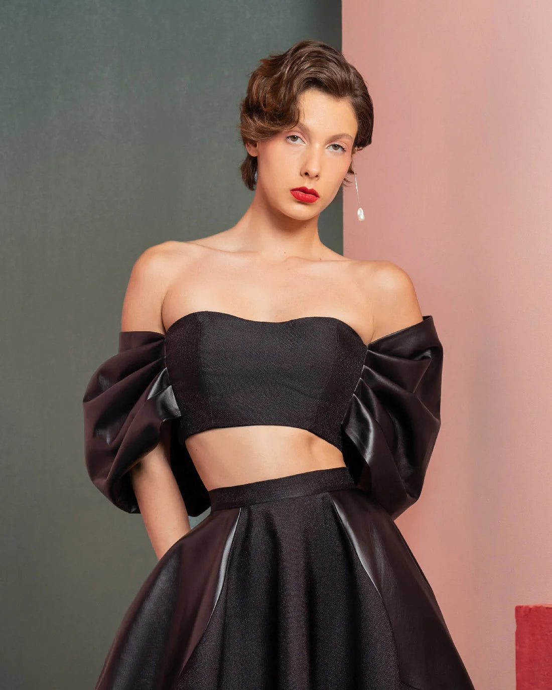 Style GOF2509 Leather Off-Shoulders Black Crop Top Mikado Piqué Skirt with Leather Inserts