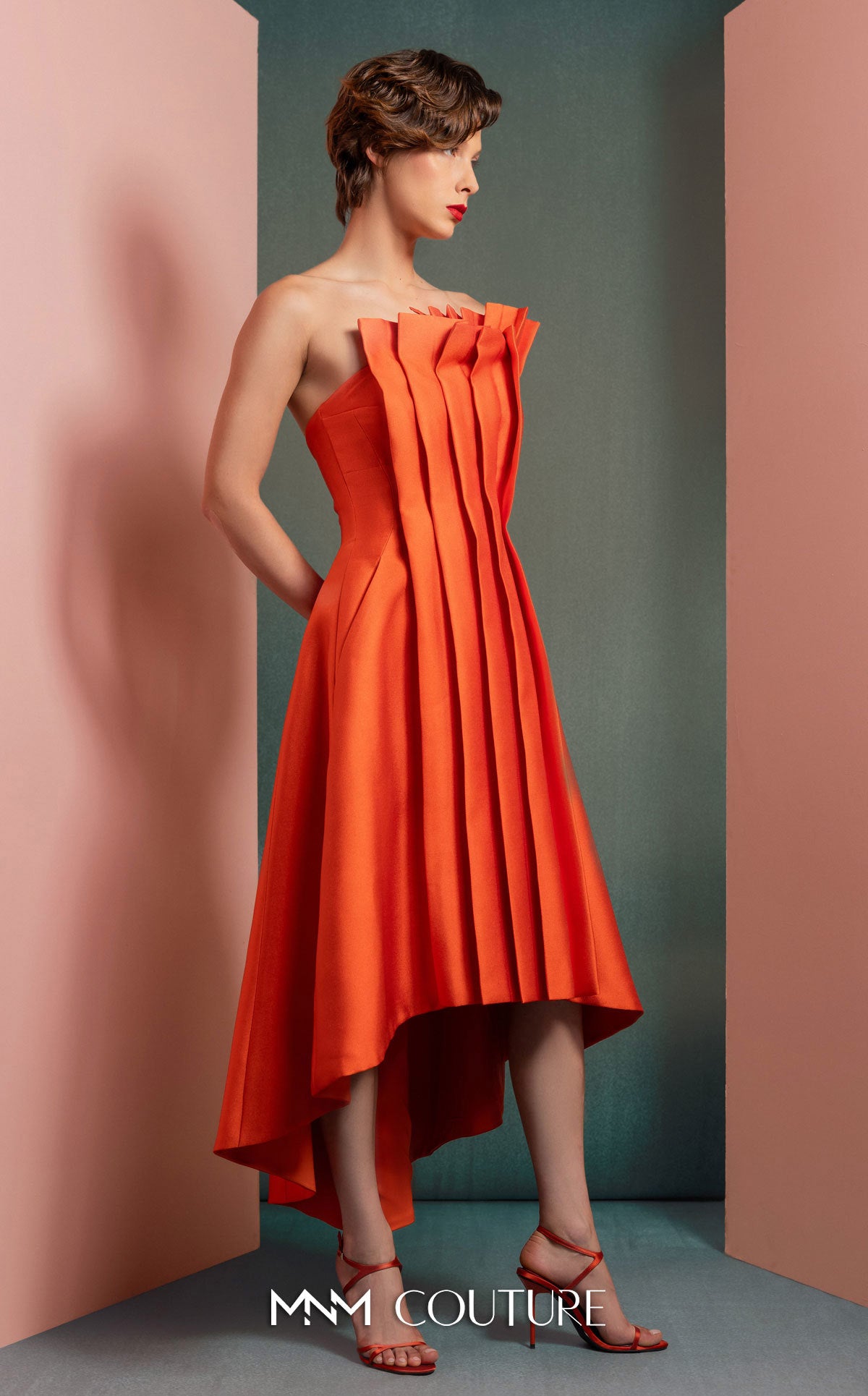 Style GOF2510 Vibrant Orange Mikado Piqué Dress with Structured Pleats
